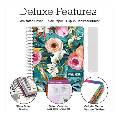 Global Printed Products Deluxe Teal Floral Weekly/Monthly Lesson Planner, 7 Classes, Multicolor Cover, 11 x 8.5, 13-Month: Aug 2025 to Aug 2026 (NAD26DTP17)