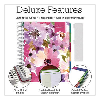 Global Printed Products Deluxe Spring Floral Undated Weekly/Monthly Teacher's Lesson Planner, 7 Classes, Multicolor Cover, 11 x 8.5, 52-Week Span (NADUNDTP30)