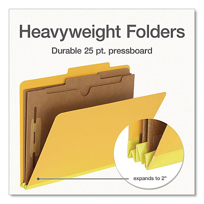 Pendaflex Heavy-Duty Pressboard Classification Folder, Expands 2", 2 Full-Pocket Dividers, 6 Fasteners, Letter Size, Yellow, 10/Box (1006942)