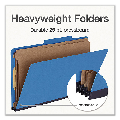 Pendaflex Heavy-Duty Pressboard Classification Folder, 2/5-Cut Tab: Right, Expands 3", 3 Dividers, 8 Fasteners, Legal Size, Blue, 10/BX (1006944)