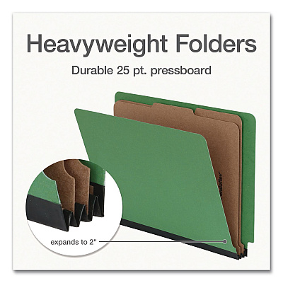 Pendaflex Heavy-Duty Pressboard End Tab Classification Folders, Expands 2", 2 Dividers, 6 Fasteners, Letter Size, Green, 10/Box (1006948)