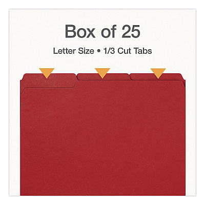 Pendaflex Recycled Colored File Folders, 1/3-Cut Tabs: Assorted, Letter Size, 1" Expansion, Red, 25/Box (1007010)