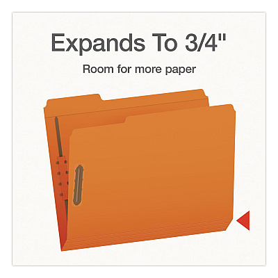 Pendaflex Colored Top Tab Fastener Folders, 1/3-Cut Tab: Assorted, Expands 0.75", 2 Fasteners, Letter Size, Orange, 50/Box (1007029)
