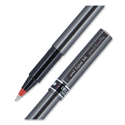 uniball Deluxe Rollerball Pen, Stick, Micro 0.5 mm, Red Ink, Metallic Gray/Black/Red Barrel (60026EA)