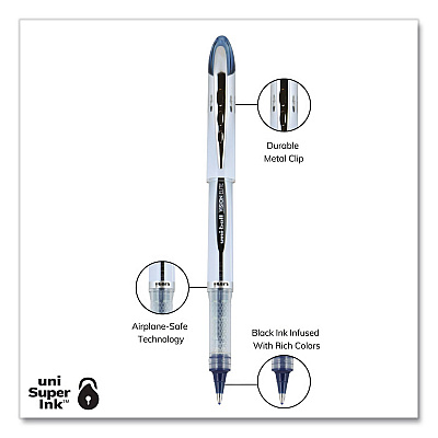 uniball VISION ELITE BLX Series Rollerball Pen, Stick, Bold 0.8 mm, Blue-Infused Black Ink, White/Blue/Clear Barrel, Dozen (61232DZ)