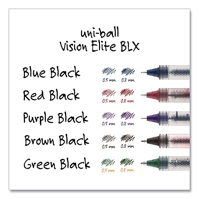 uniball VISION ELITE BLX Series Rollerball Pen, Stick, Bold 0.8 mm, Blue-Infused Black Ink, White/Blue/Clear Barrel, Dozen (61232DZ)