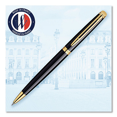 Waterman Hemisphere Ballpoint Pen, Retractable, Medium 1 mm, Blue Ink, Black Lacquered/23-Karat Gold Barrel (S0920670)