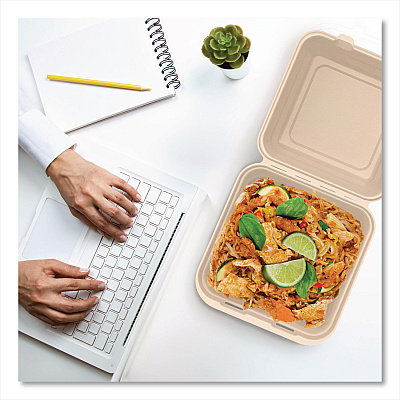Dart Compostable Molded Fiber Hinged Trays, ProPlanet Seal, 9.14 x 9 x 2.98, Natural, 200/Carton (90FBRHT1)