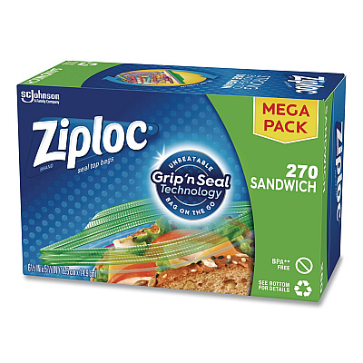 Ziploc Sandwich Seal Top Bags, 6.5" x 5.88", Clear, 270/Box (383217)