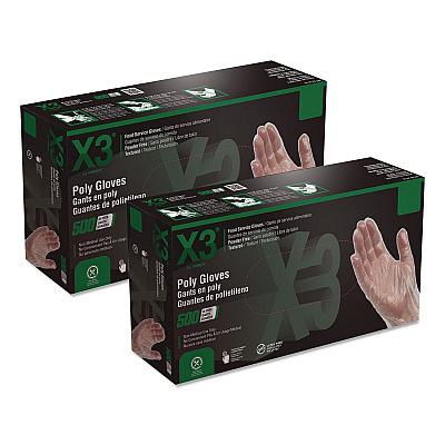 X3 by AMMEX Polyethylene Food Safe Industrial Gloves, Powder-Free, Large, Clear, 500/Box, 20 Boxes/Carton (PGLOVEL500XX)