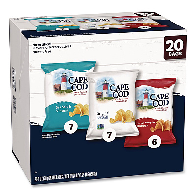 CAPE COD Gluten-Free Potato Chips Variety Pack, Sea Salt and Vinegar/Sweet Mesquite Barbeque/Original Sea Salt, 1 oz Bag, 20/Carton (SNY00342)
