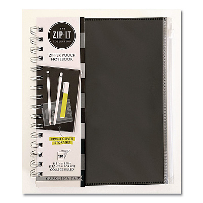 Carolina Pad Zip-It Ideal Notebook, 1-Subject, Medium/College Rule, Randomly Assorted Cover Colors, (120) 8.5 x 6.8 Sheets (55025)