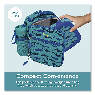 bentgo Kids Insulated Lunch Tote, Sharks Theme, 7.3" x 3.5" x 9.5", Turquoise/Blue (DBGSHK)