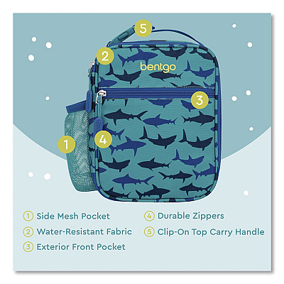 bentgo Kids Insulated Lunch Tote, Sharks Theme, 7.3" x 3.5" x 9.5", Turquoise/Blue (DBGSHK)