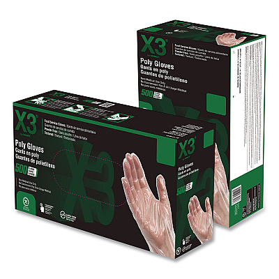 X3 by AMMEX Polyethylene Food Safe Industrial Gloves, Powder-Free, Large, Clear, 500/Box, 20 Boxes/Carton (PGLOVEL500XX)