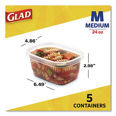 Glad Soup and Salad Containers, Medium Rectangle, 24 oz, 6.49 x 4.86 x 2.98, Clear/Bue, Plastic, 5/Pack (60796PK)