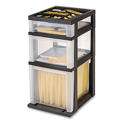 IRIS Three-Drawer Stand with Plastic Organizer Top, Plastic, 12.08 x 14.87 x 24, Clear/Black (270014115026)