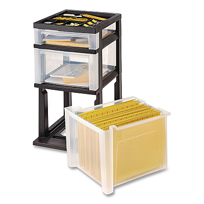 IRIS Three-Drawer Stand with Plastic Organizer Top, Plastic, 12.08 x 14.87 x 24, Clear/Black (270014115026)