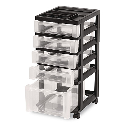 IRIS Five-Drawer Rolling Cart with Organizer Top, Plastic, 12.13 x 14.38 x 26.38, Clear/Black (270015116865)