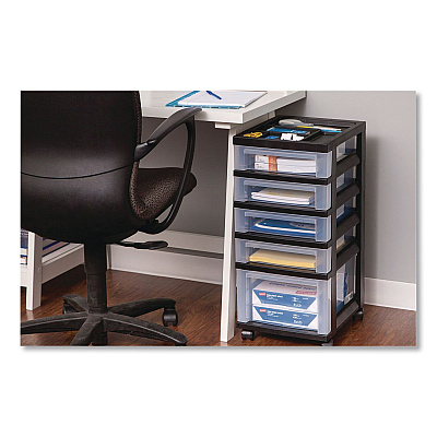 IRIS Five-Drawer Rolling Cart with Organizer Top, Plastic, 12.13 x 14.38 x 26.38, Clear/Black (270015116865)