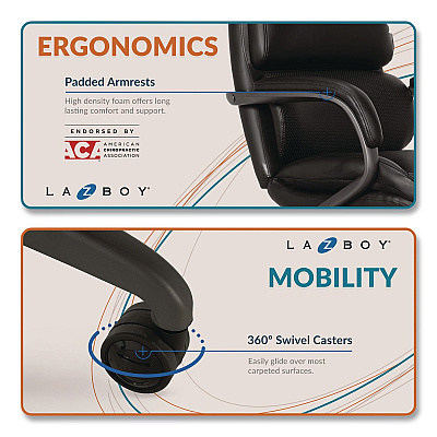 La-Z-Boy Aberdeen Executive Chair, Supports Up to 275 lb, 21" to 25" Seat Height, Black Seat and Back, Gray Base (51545BLK)