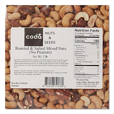 Mountain Manufacturing Coda Roasted and Salted Mixed Nuts, 5 lb Bag, 4/Carton (CDA92926)
