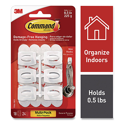 Command Mini Hooks, Plastic, White, Supports 0.5 lb, 18/Pack (17006VP)