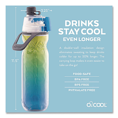 O2COOL Elite Mist 'N Sip Plastic Double-Wall Insulated Water Bottle, 20 oz, Ombre Blue (HMLDP07OMB)