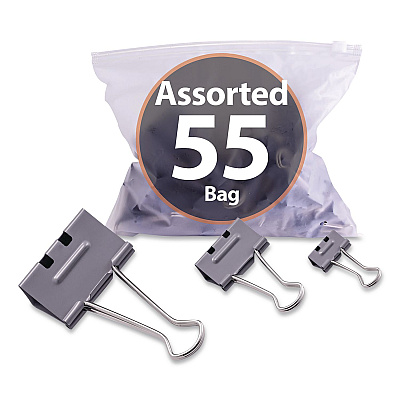 Officemate EZ Binder Clips, (25) Small (0.75"), (25) Medium (1.25"), (5) Large (2"), Gray, 55/Pack (99260)