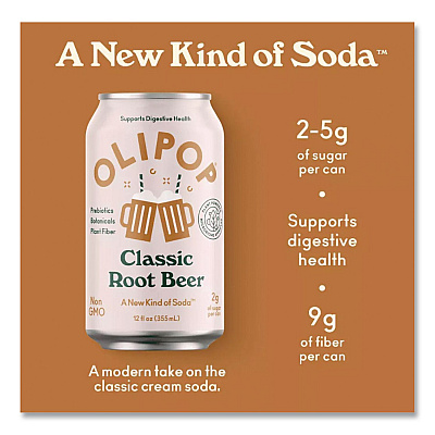 OLIPOP Prebiotic Soda, Root Beer, 12 oz Can, 12/Carton (ICO70288)