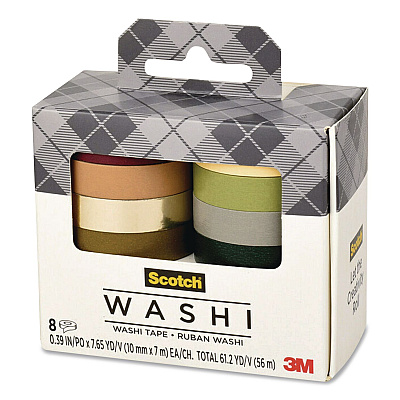 Scotch Washi Tape, Solid Earth, 0.39" x 7.69 yd, Assorted Colors/Finishes, 8 Rolls/Pack (C10178SOL3)