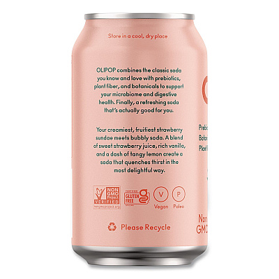 OLIPOP Prebiotic Soda, Strawberry Vanilla, 12 oz Can, 12/Carton (ICO70291)