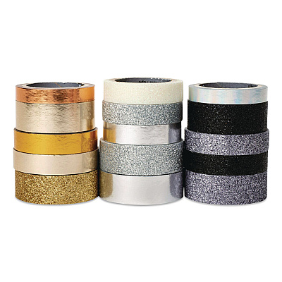 Scotch Washi Glitter Metallic Tape, Black/Gold/Silver, Assorted Sizes/Colors/Finishes, 15 Rolls/Pack (C101715P6)