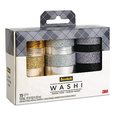 Scotch Washi Glitter Metallic Tape, Black/Gold/Silver, Assorted Sizes/Colors/Finishes, 15 Rolls/Pack (C101715P6)