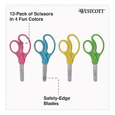 Westcott KleenEarth Rice Husk Kids Scissors, Blunt Tip, 5" Long, Straight Assorted Color Handles, 12/Pack (00850)