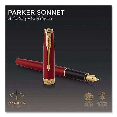 Parker Sonnet Fountain Pen with Gift Box, Medium Fountain Nib, Red Ink, Red Lacquer/Gold Barrel (1931474)