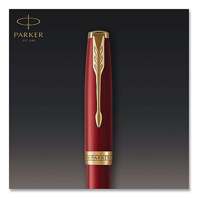 Parker Sonnet Fountain Pen with Gift Box, Medium Fountain Nib, Red Ink, Red Lacquer/Gold Barrel (1931474)