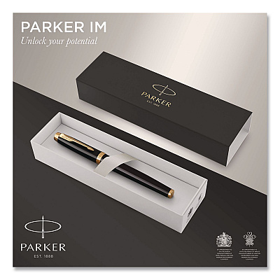 Parker IM Fountain Pen with Gift Box, Medium Fountain Nib, Blue Ink, Black Lacquer/Gold Barrel (1931645)