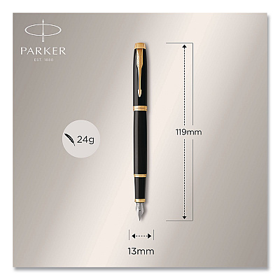 Parker IM Fountain Pen with Gift Box, Medium Fountain Nib, Blue Ink, Black Lacquer/Gold Barrel (1931645)