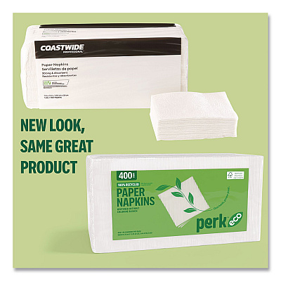 Perk Eco Recycled Paper Napkins, 1-Ply, 12.75 x 11.25, White, 400/Pack (PK63225)