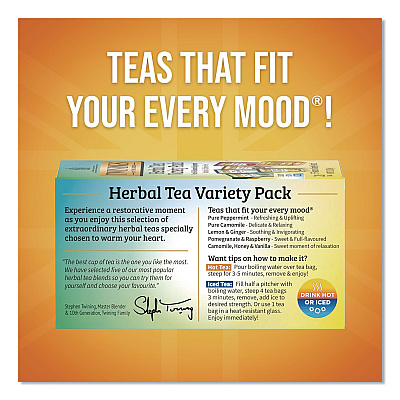 TWININGS Caffeine-Free Herbal Tea Bags Variety Pack, Individually Wrapped, Four Flavors, 0.06 oz Tea Bag, 20/Box (TNA51788)