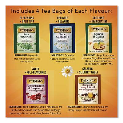 TWININGS Caffeine-Free Herbal Tea Bags Variety Pack, Individually Wrapped, Four Flavors, 0.06 oz Tea Bag, 20/Box (TNA51788)