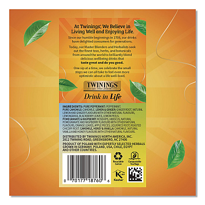 TWININGS Caffeine-Free Herbal Tea Bags Variety Pack, Individually Wrapped, Four Flavors, 0.06 oz Tea Bag, 20/Box (TNA51788)