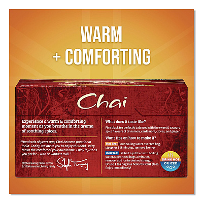 TWININGS Tea Bags, Chai Black Tea, 0.07 oz Tea Bag, 50/Box (TNA55503)