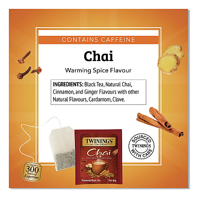 TWININGS Tea Bags, Chai Black Tea, 0.07 oz Tea Bag, 50/Box (TNA55503)