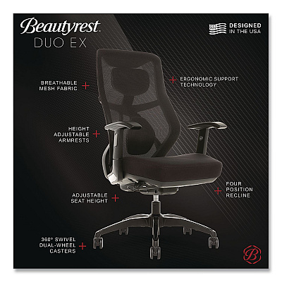 Beautyrest Duo-EX Ergonomic Mesh Back Task Chair, Supports Up to 275 lb, 19" to 22" Seat Height, Black (60051GRY)