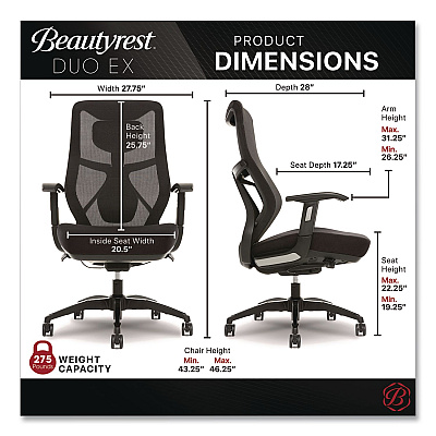 Beautyrest Duo-EX Ergonomic Mesh Back Task Chair, Supports Up to 275 lb, 19" to 22" Seat Height, Black (60051GRY)