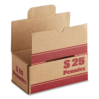 CONTROLTEK Pennies Coin Box, Accommodates $25 in Pennies, 15.5" x 19.25" x 4.5", Red/Kraft, 50/Pack (560059)