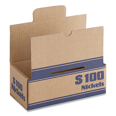 CONTROLTEK Nickels Coin Box, Accommodates $100 in Nickels, 15.5" x 19.25" x 4.5", Blue/Kraft, 50/Pack (560060)