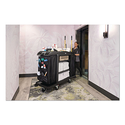Rubbermaid Commercial Full Size Housekeeping Cart with Accessory Bundle, Resin, 3 Shelves, 2 Bins, 24.4 x 62.4 x 49, Black (2202527)